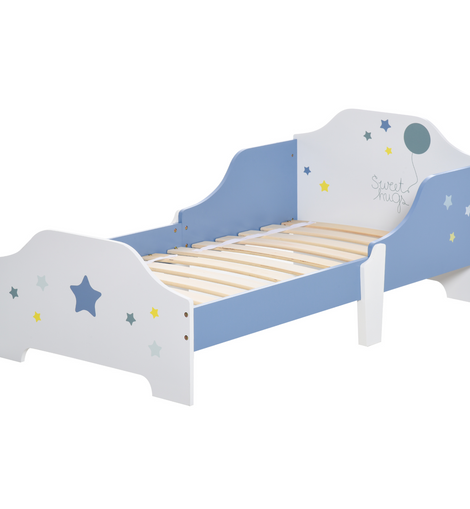 HOMCOM Kids Star & Balloon Single Bed Frame w/ Safe Guardrails Slats Bedroom Furniture Dreams Low Junior Blue