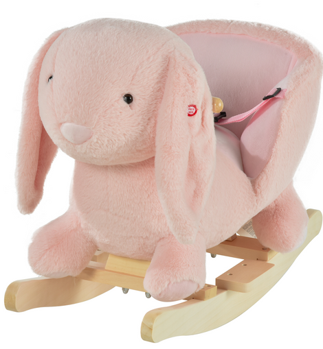HOMCOM Kids Children Rocking Horse Plush Ride On Rabbit Seat w/ Sound Wood Base Seat Safety Belt Toddler Baby Toy Rocker Pink 18 - 36 Months
