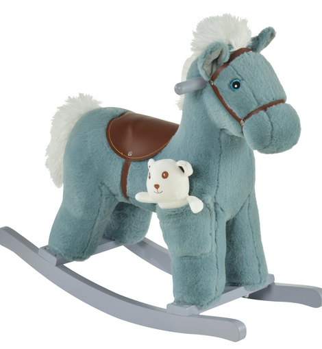 HOMCOM Kids Plush Ride-On Rocking Horse Toy Rocker with Plush Toy Realistic Sounds for Child 18-36 Months Blue