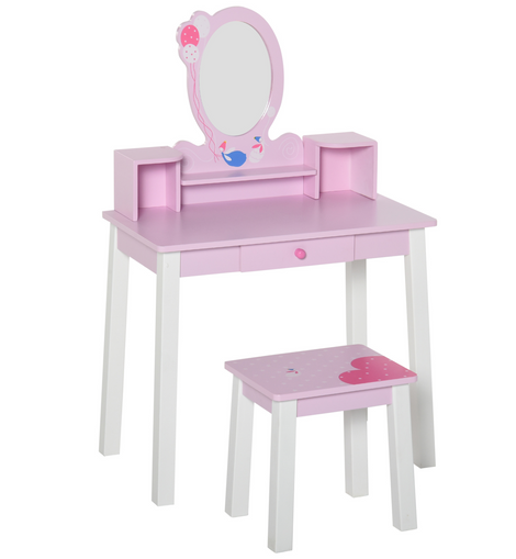 HOMCOM Kids Wooden Dressing Table and Stool Make Up Desk (Pink)