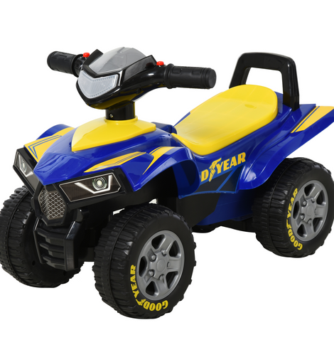 HOMCOM Baby Quad Bike Kids Ride On Car Goodyear Licensed Walker Foot To Floor Slider NO POWER w/ Lights Horn Storage Blue for 18-36 Months
