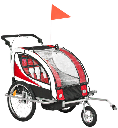 HOMCOM Child Bike Trailer Baby Bicycle Trailer 360° Rotatable for 2 Kids with Steel Frame LED Hitch Coupler Red