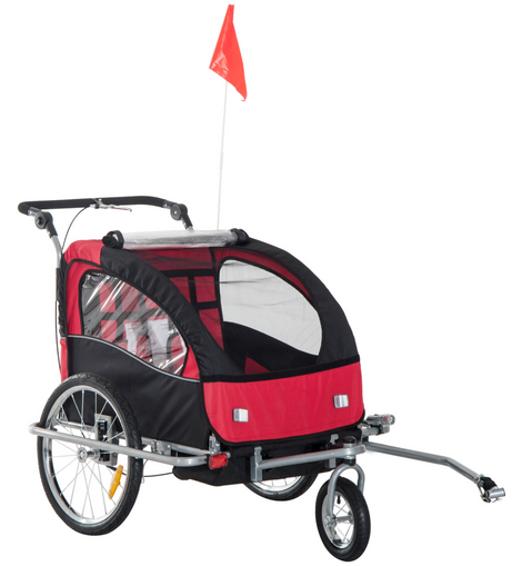 HOMCOM Bike Trailer 2-Seater for Bicycle Baby Child Carrier in Steel Frame (Black and Red)
