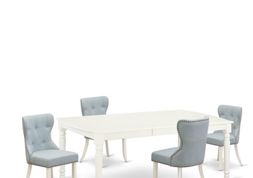 East-West Furniture DOSI5-LWH-15 - A dining table set of 4 fantastic kitchen chairs with Linen Fabric Baby Blue color and a fantastic 18 butterfly rectangle dining room table with Linen White color"