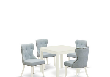 East-West Furniture OXSI5-LWH-15 - A kitchen table set of 4 wonderful dining chairs with Linen Fabric Baby Blue color and a stunning Square kitchen table with Linen White color