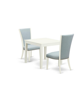 East-West Furniture OXVE3-LWH-15 - A modern dining table set of 2 excellent indoor dining chairs with Linen Fabric Baby Blue color and a gorgeous Square wooden table with Linen White color