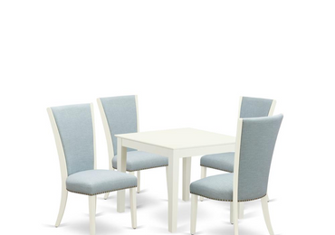 East-West Furniture OXVE5-LWH-15 - A dining table set of 4 fantastic dining room chairs with Linen Fabric Baby Blue color and a lovely Square dining room table with Linen White color